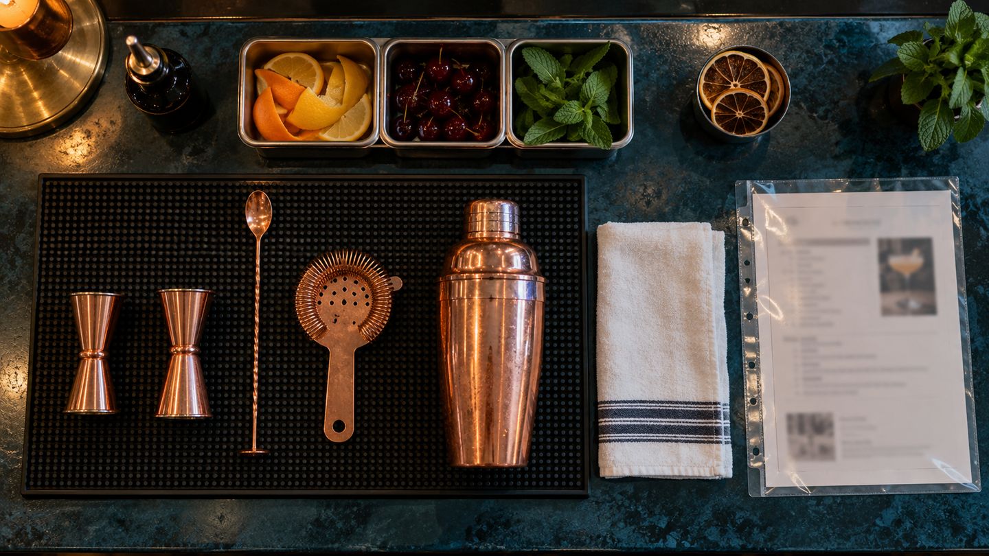 Poste de bar préparé avant le service : jiggers, cuillère à mélange, passoire et shaker en cuivre sur un tapis de bar, bacs de garnitures, torchon et fiche technique sous pochette plastique