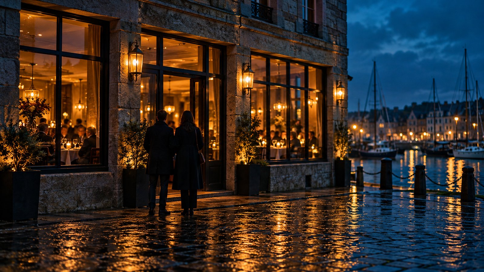 Façade en granit d'un restaurant sur un port breton à l'heure bleue, fenêtres éclairées sur une salle pleine, deux passants de dos devant l'entrée, pavés mouillés et voiliers au loin