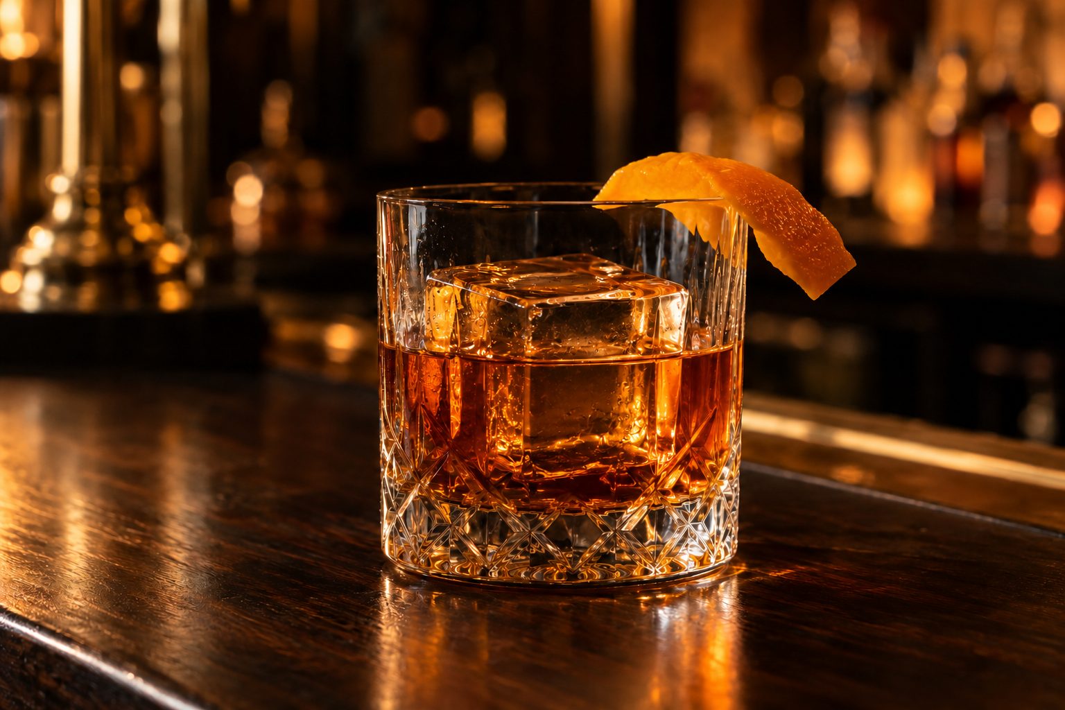 Le cocktail L'Amer : rhum ambré sur un bloc de glace claire, zeste d'orange