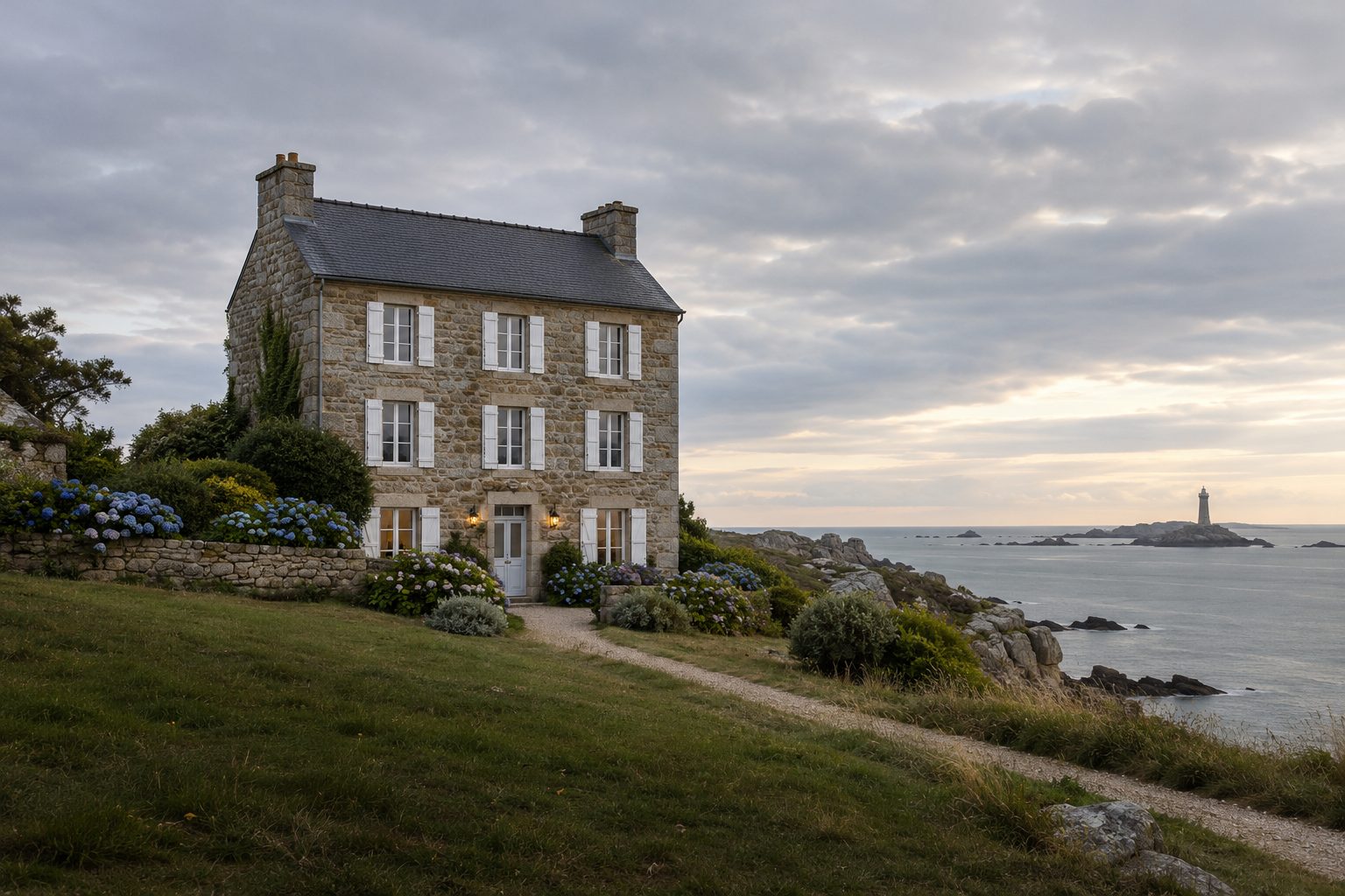 L'hôtel de granit sur la pointe, hortensias le long du mur, le phare au loin