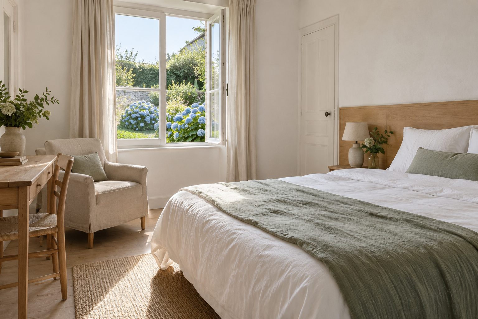 Chambre côté jardin, lit en lin blanc, fenêtre sur les hortensias