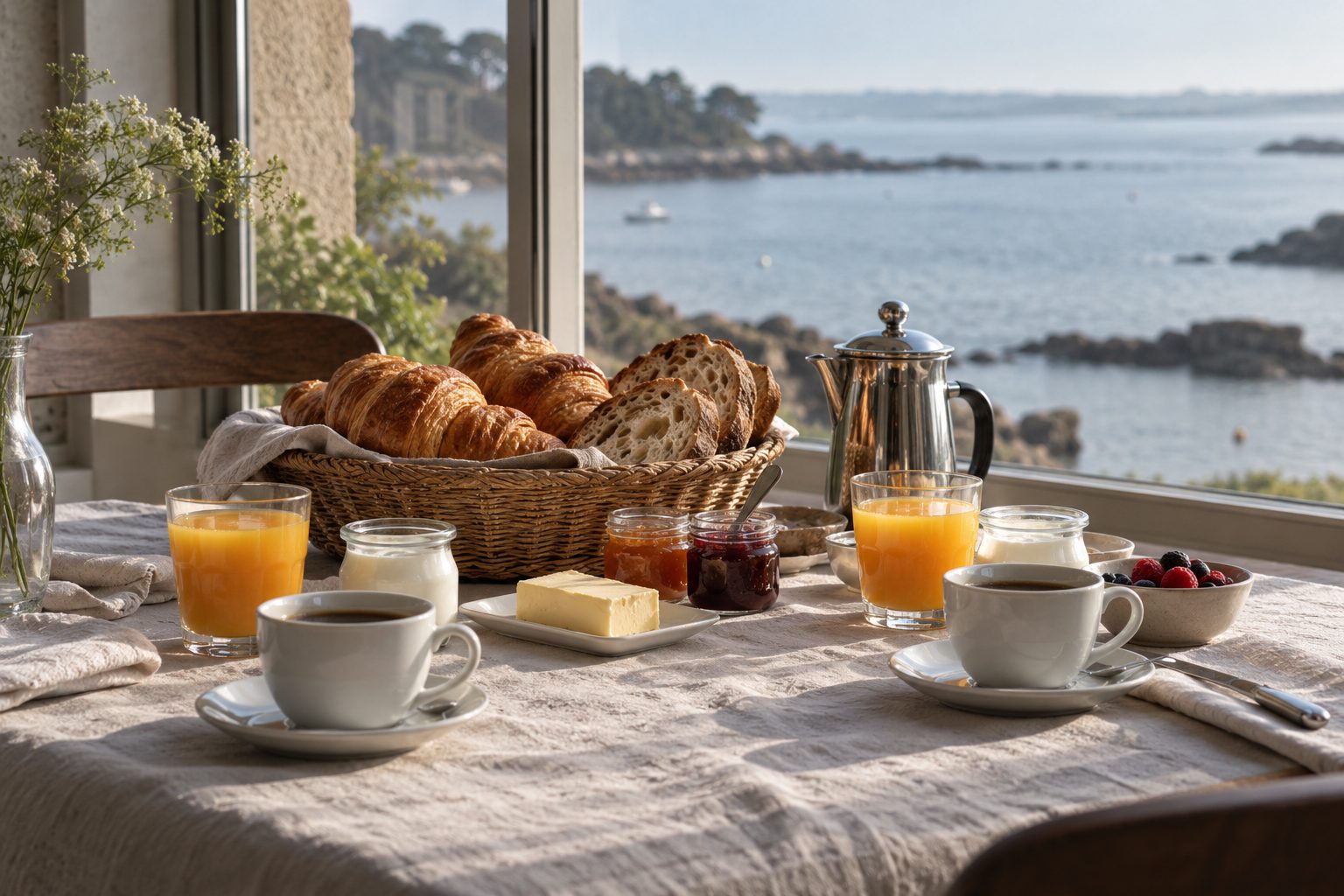 Petit-déjeuner pour deux près de la grande fenêtre sur la baie