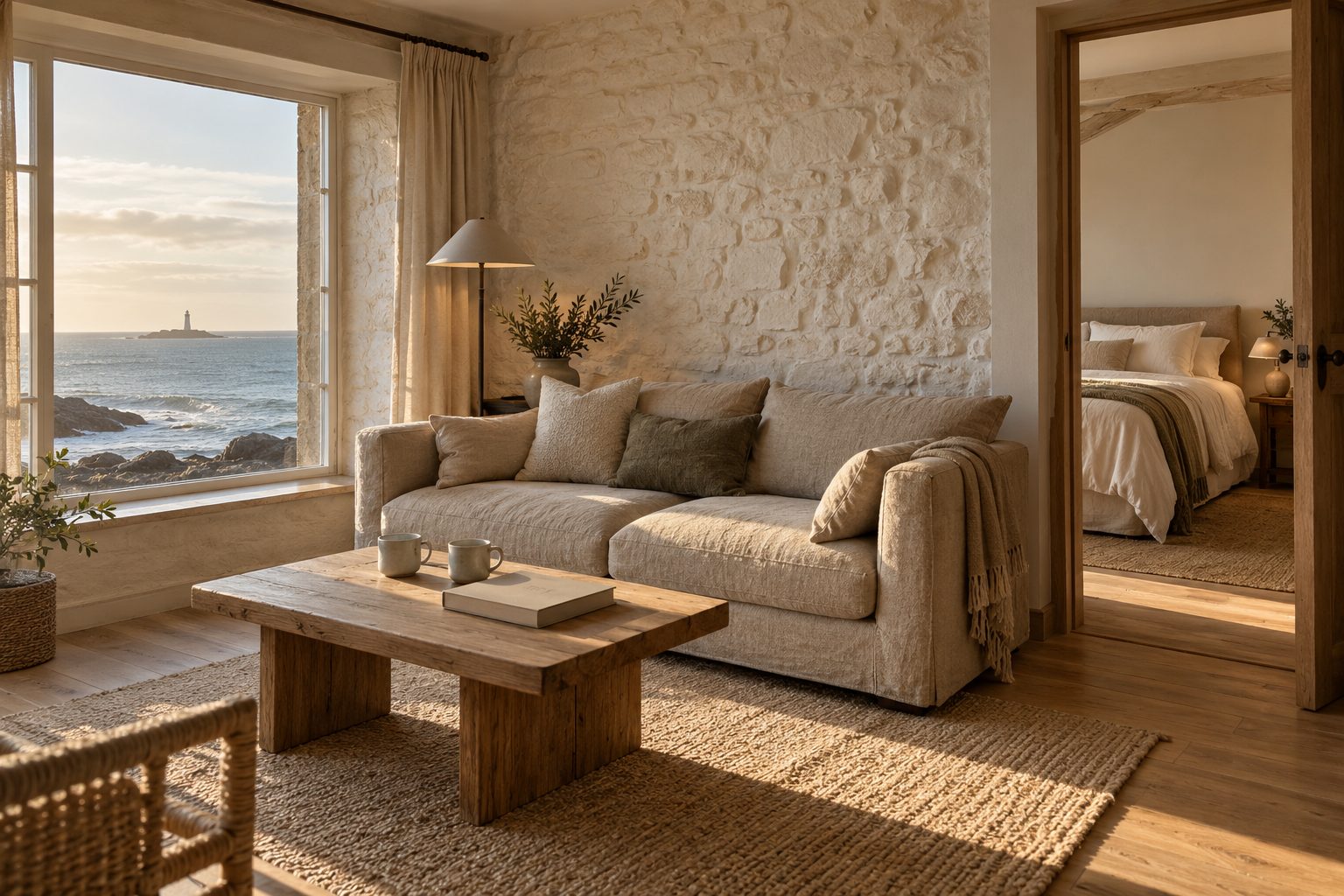 Le salon de la suite, canapé couleur sable, fenêtre sur la mer et le phare