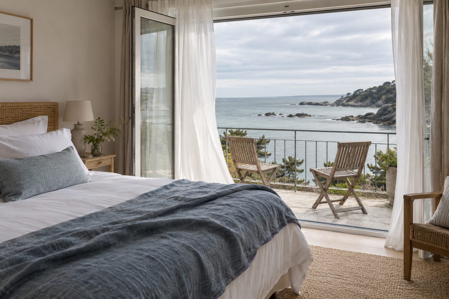 Une chambre vue mer de l'hôtel, porte-fenêtre ouverte sur le balcon et la baie