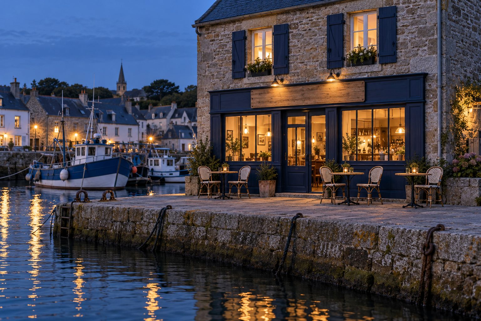 La devanture de Hauts-Fonds sur le quai, à la nuit tombante